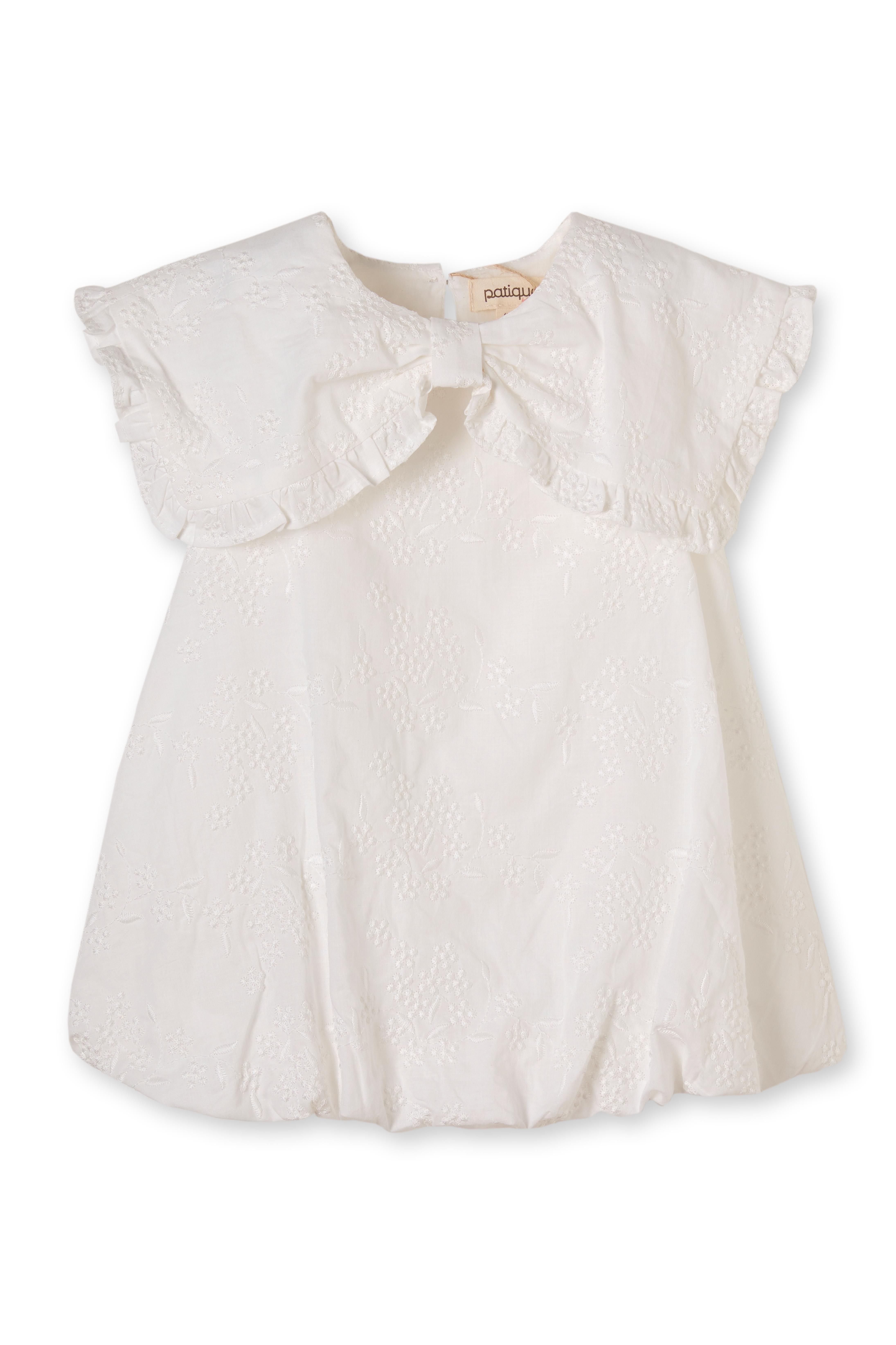 Beyaz Brode Desenli Fiyonk Yaka Kolsuz Pamuklu Kız Çocuk Elbise