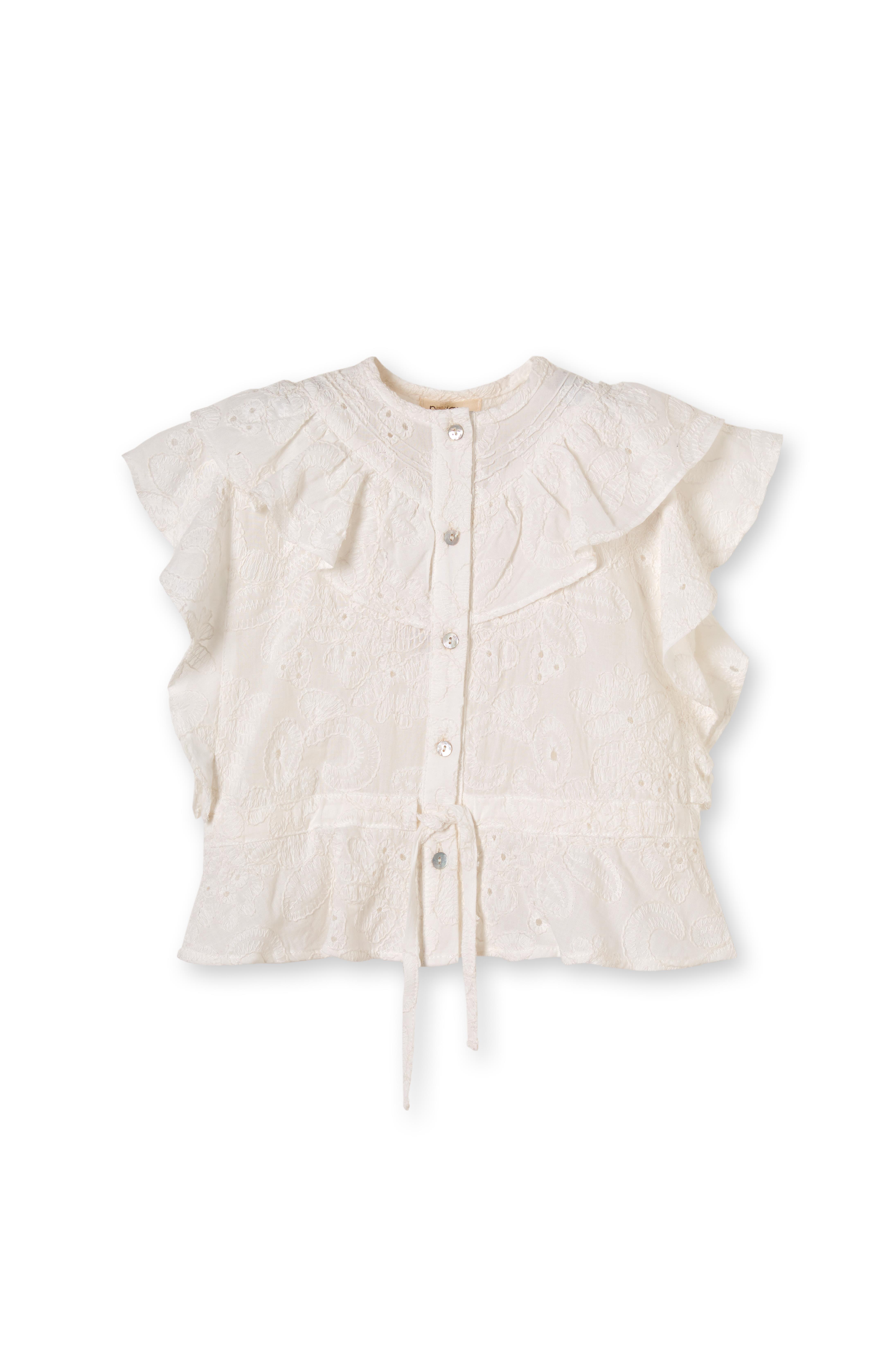 Beyaz Brode Çiçek Desenli Fırfırlı Pamuklu Kız Çocuk Gömlek