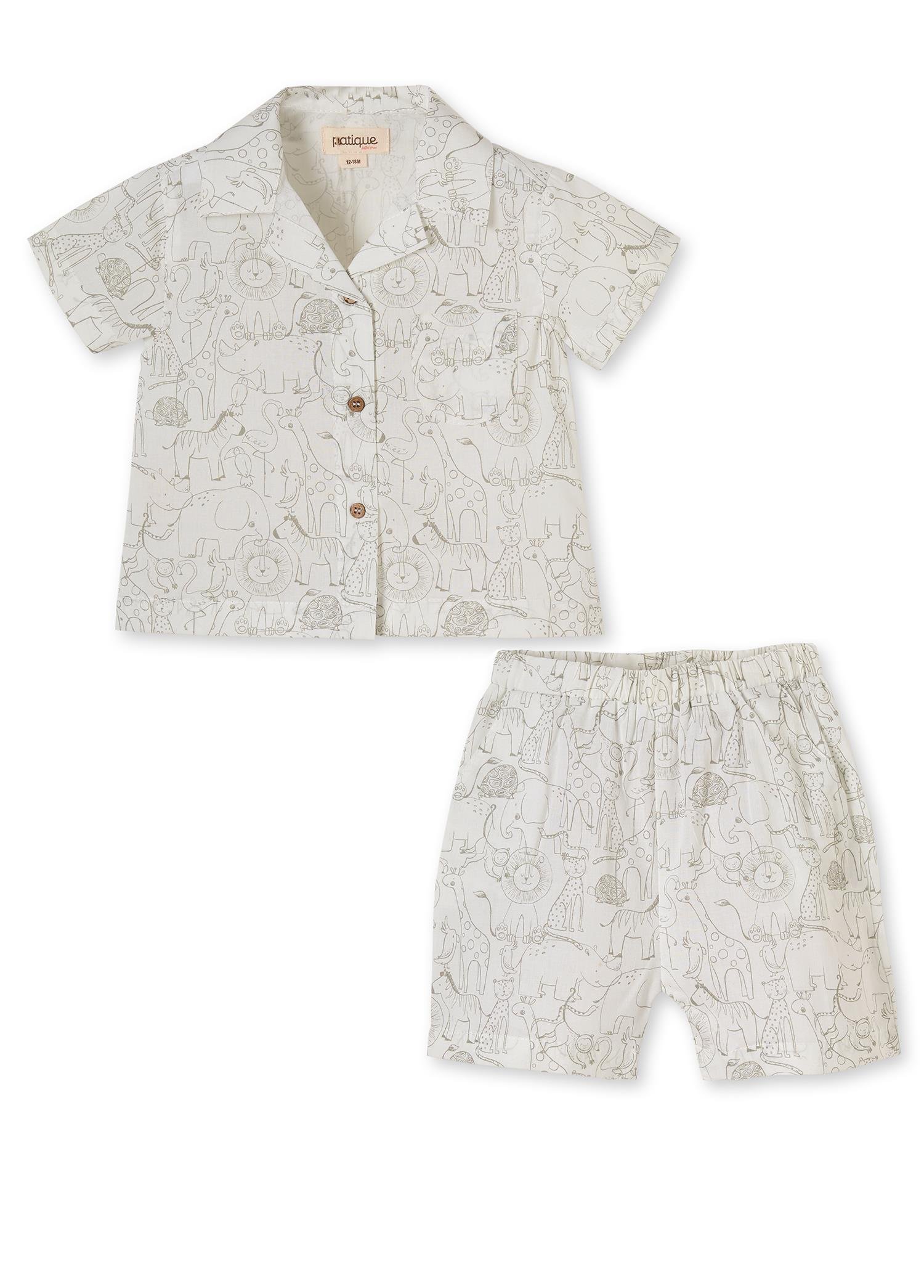 Beyaz Hayvan Desenli Organik Pamuk Şortlu Erkek Çocuk Takım