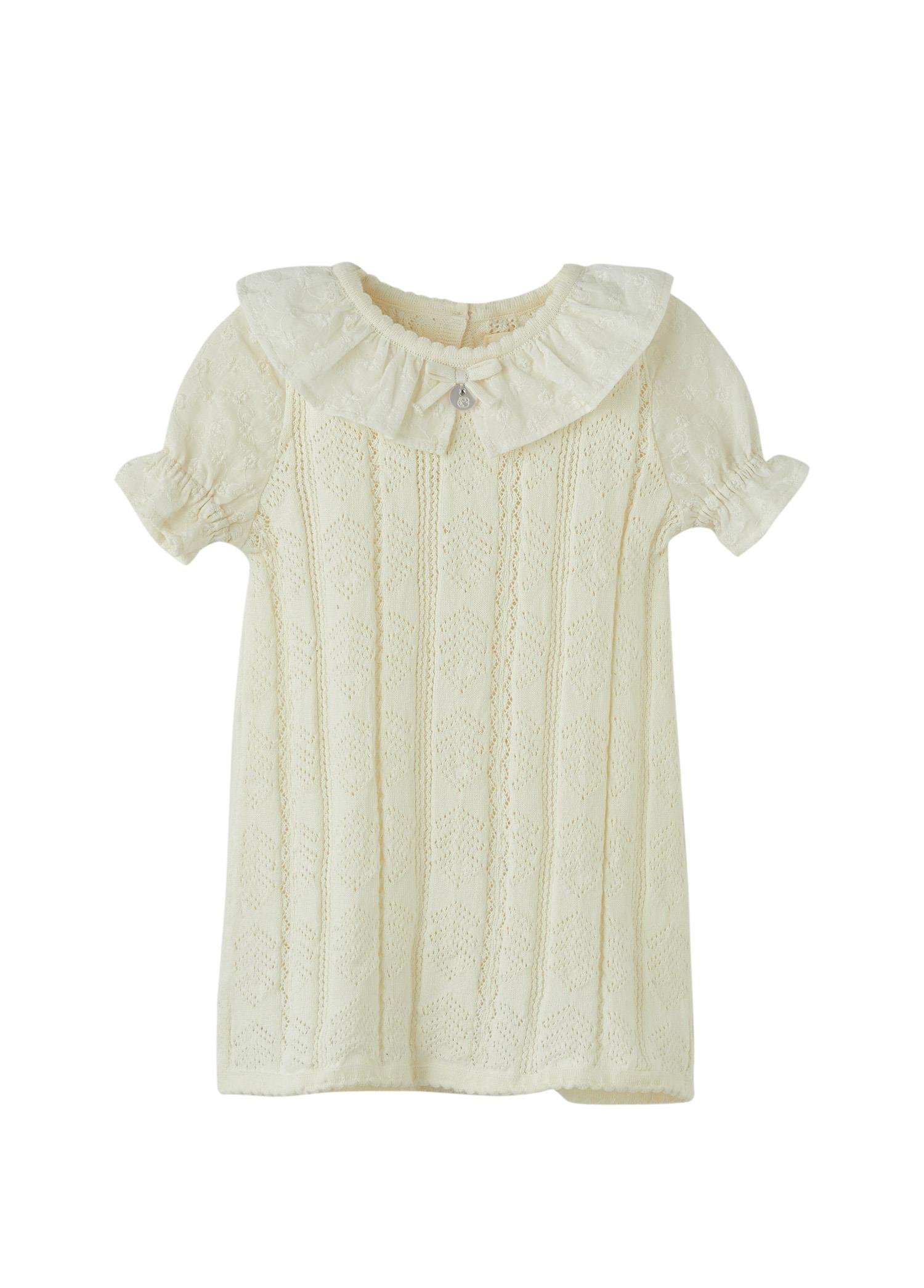 Ekru Brode Yakalı Triko Elbise