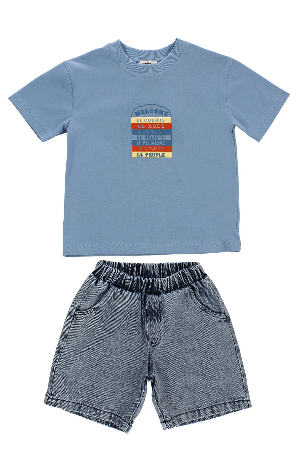 ERKEK ÇOCUK MAVİ BASKILI TİŞÖRT DENIM ŞORT TAKIM