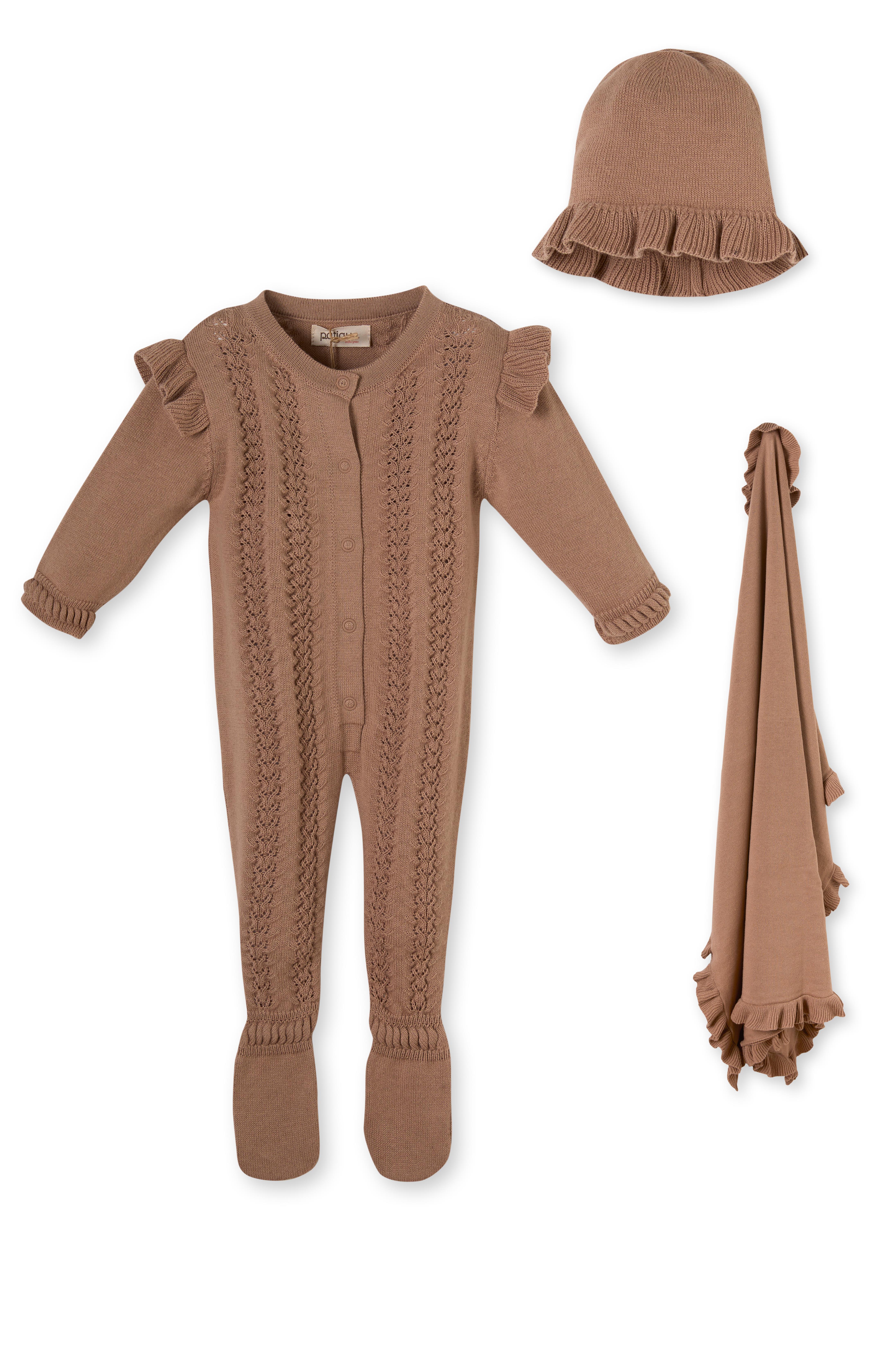 Kahverengi Kolları Fırfırlı Triko Organik Pamuk Kız Çocuk Tulum Takımı