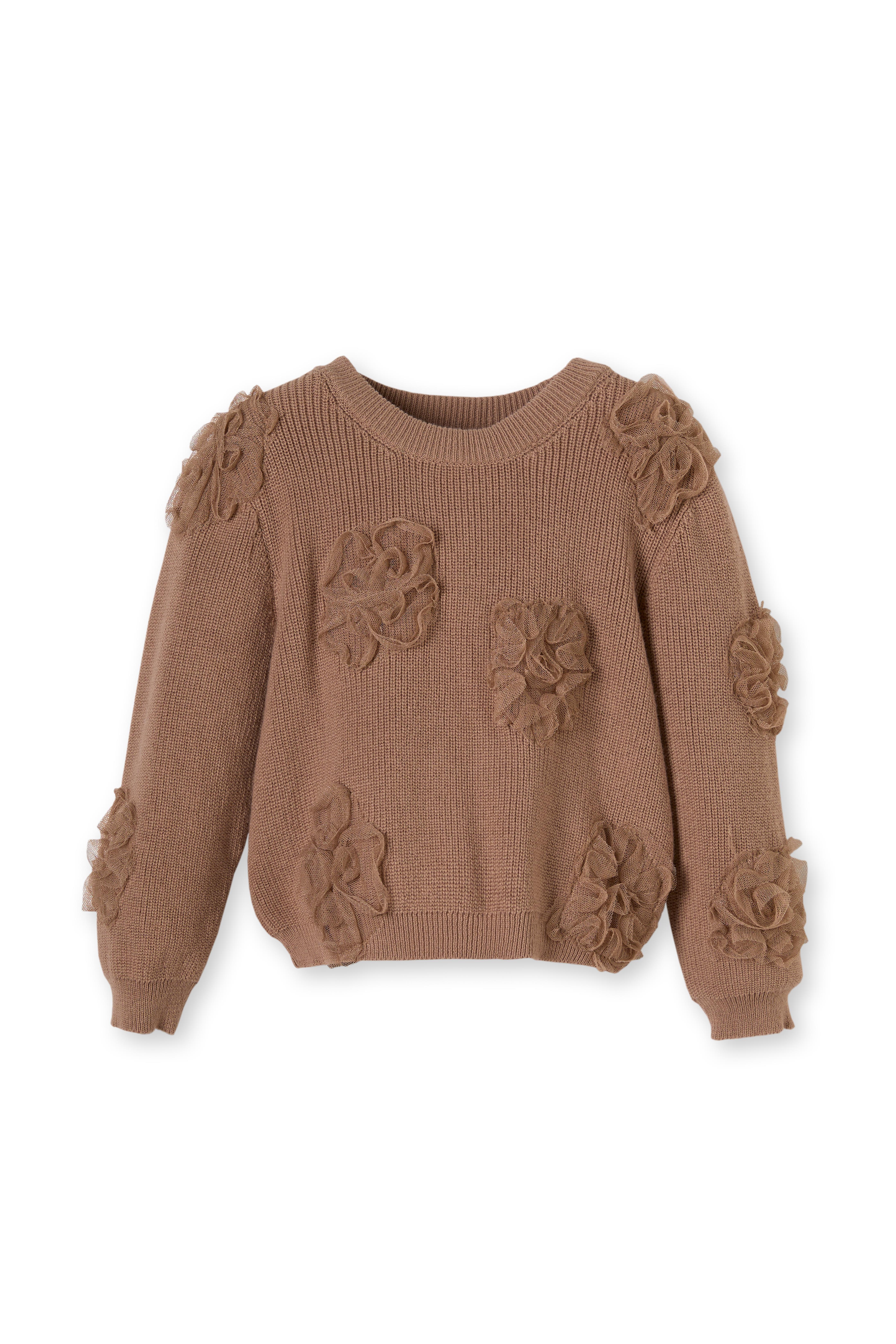 Kahverengi Organik Pamuk Çiçek Detaylı Triko Kız Çocuk Kazak