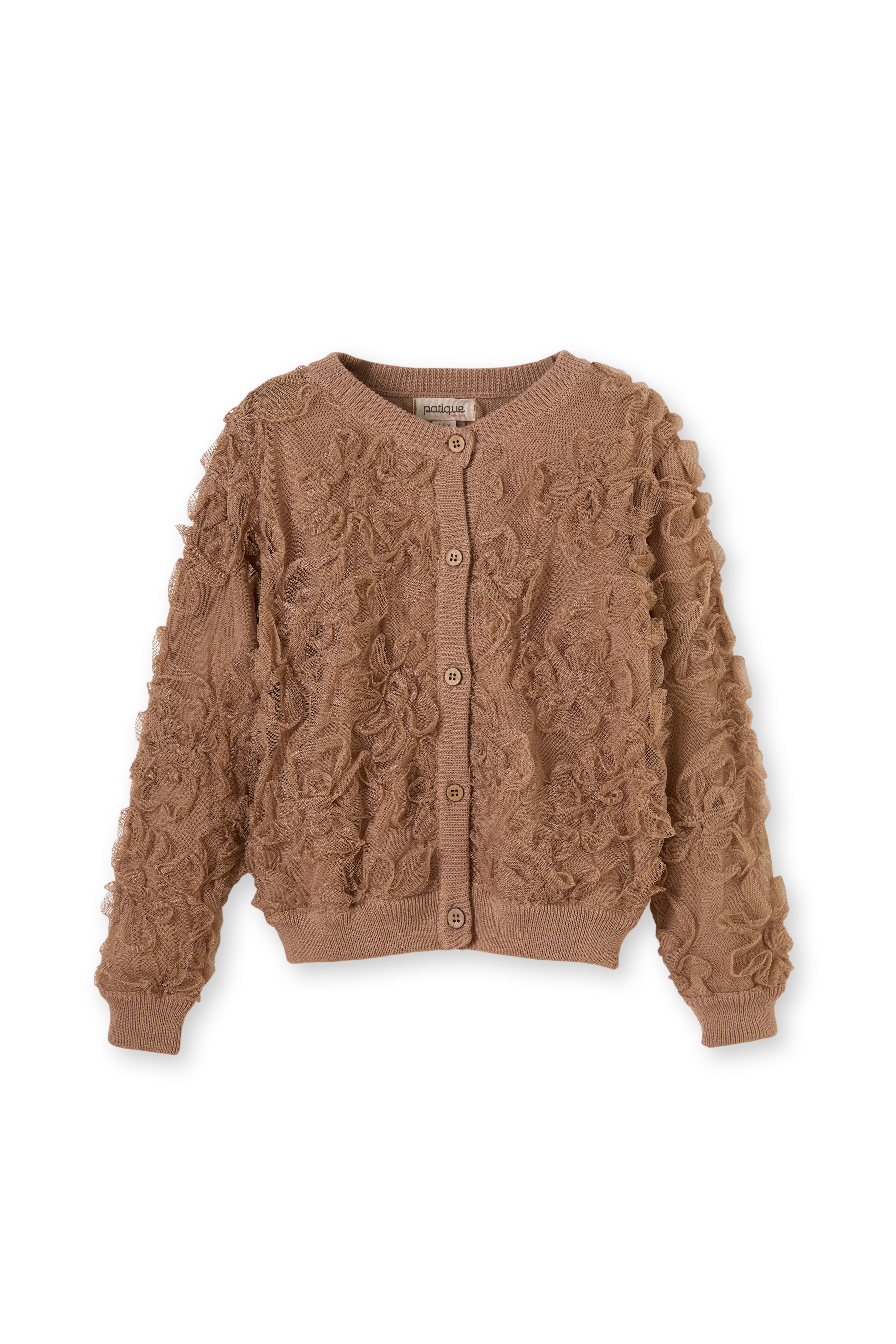 Kahverengi Organik Pamuk Garnili Çiçek Detaylı Triko Kız Çocuk Hırka