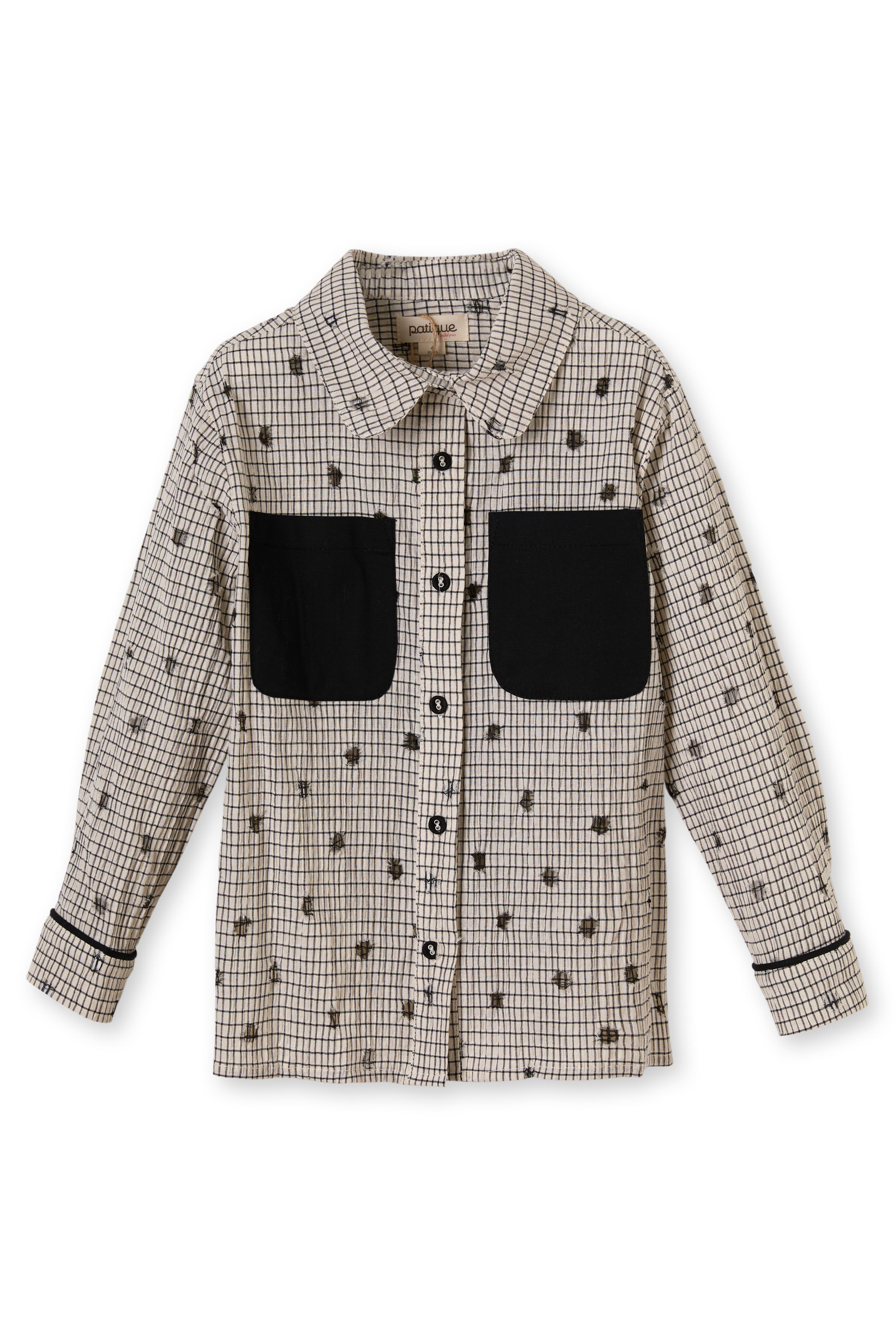 Krem Renk Ekoseli Siyah Cepli Pamuklu Kız Çocuk Gömlek