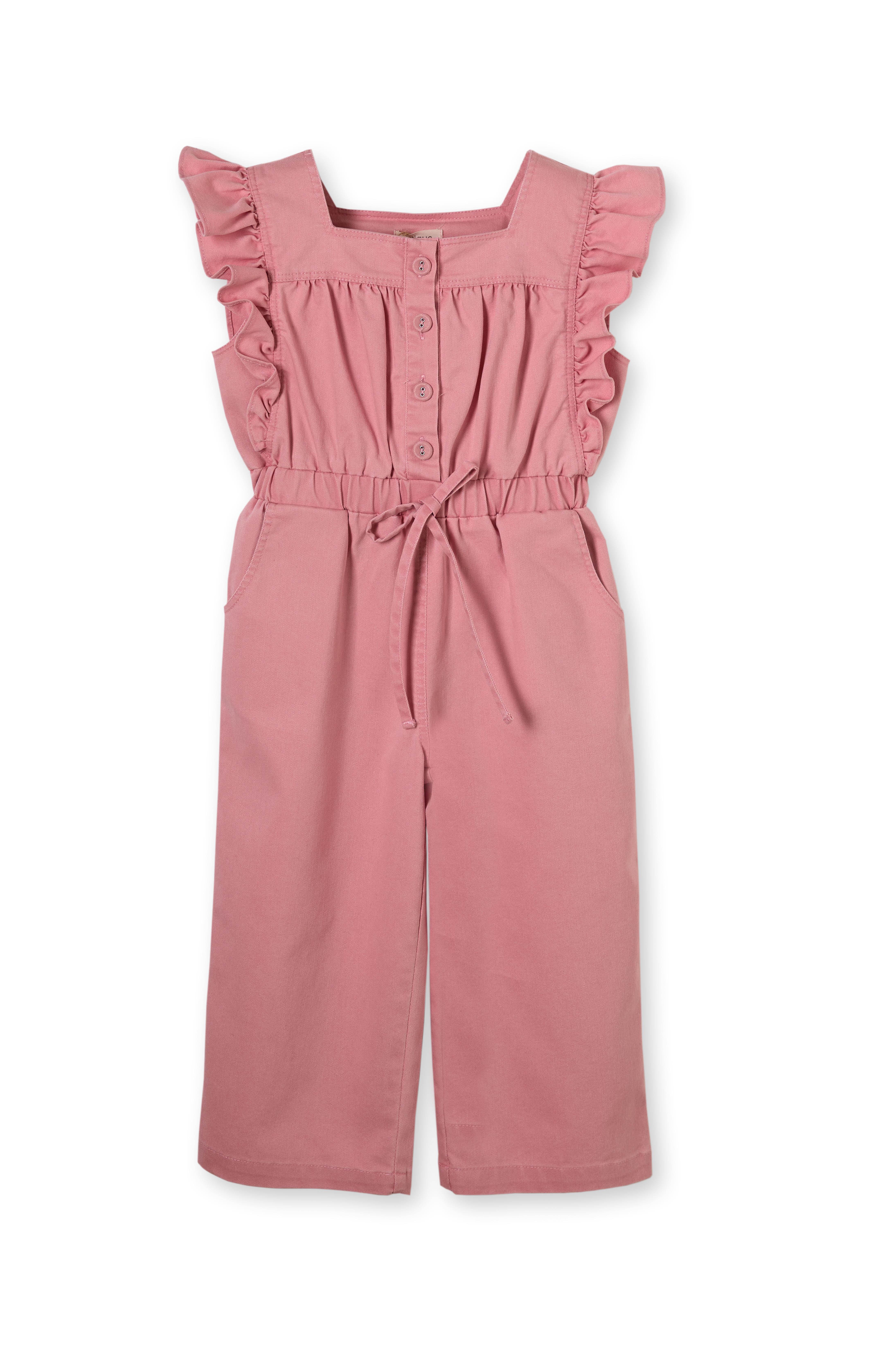 Pembe Denim Fırfırlı Pamuklu Kız Çocuk Tulum