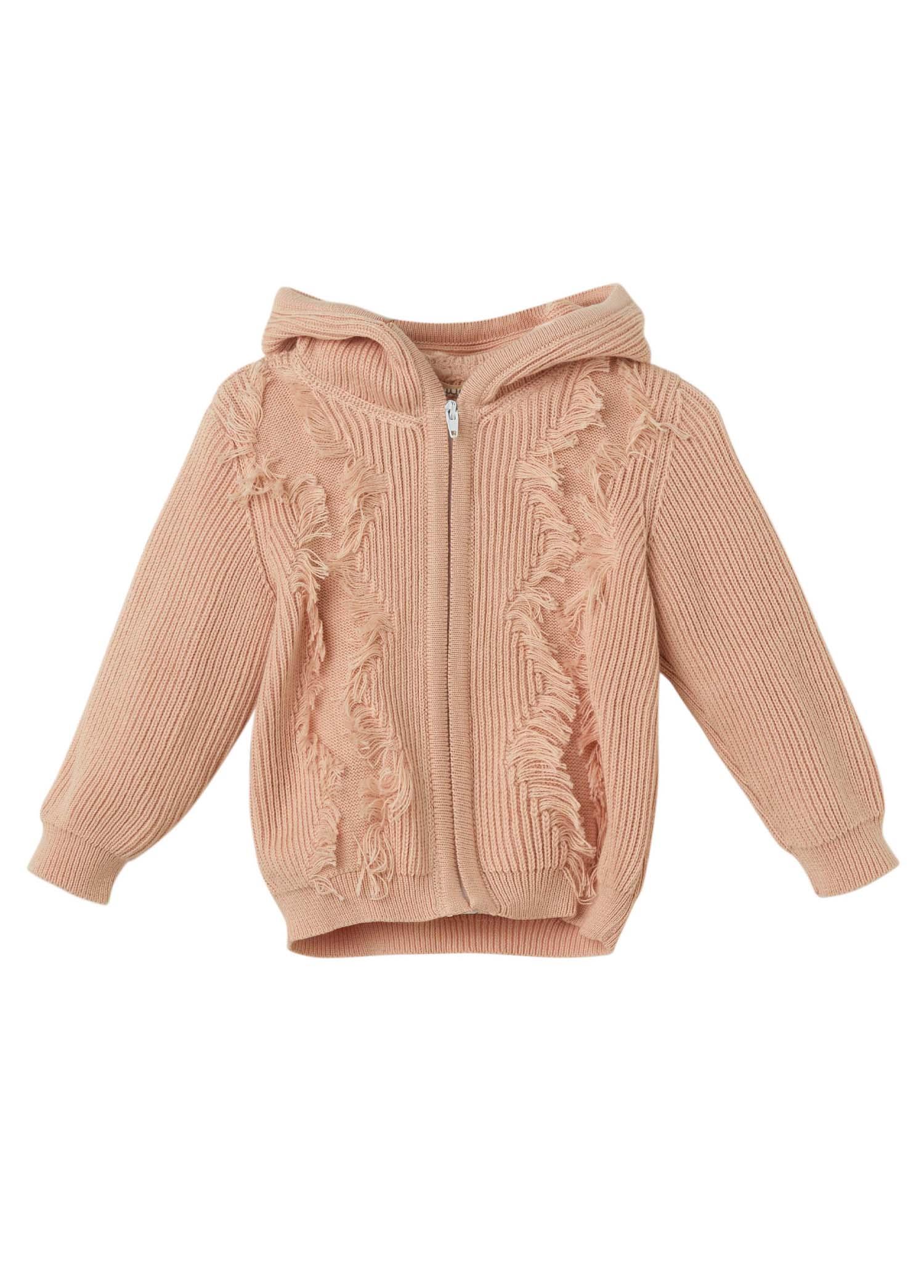 Pembe Organik Pamuk Kapüşonlu Püsküllü Hırka