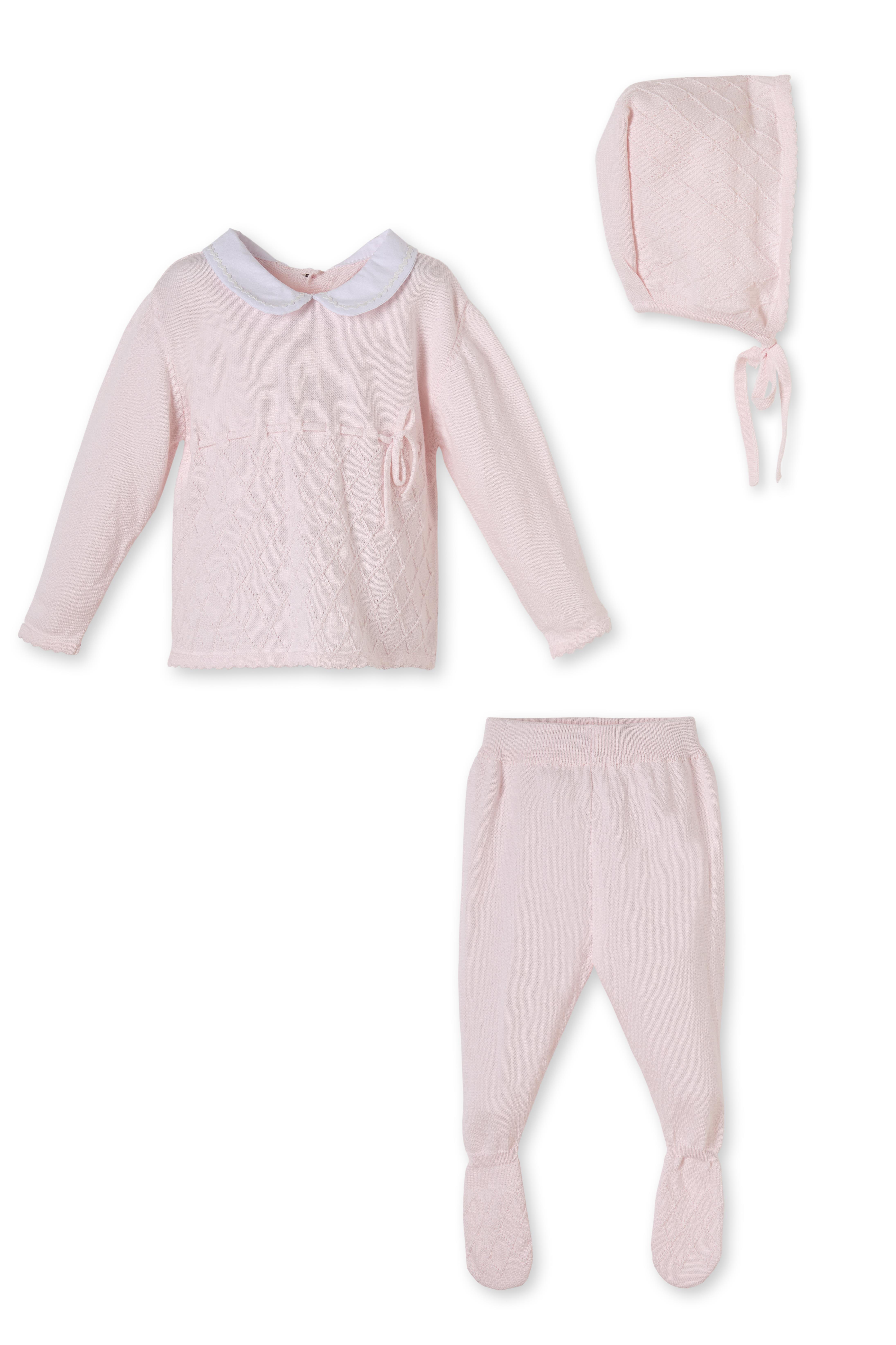 Pembe Organik Pamuklu Baklava Desenli Üçlü Triko Kız Çocuk Takım