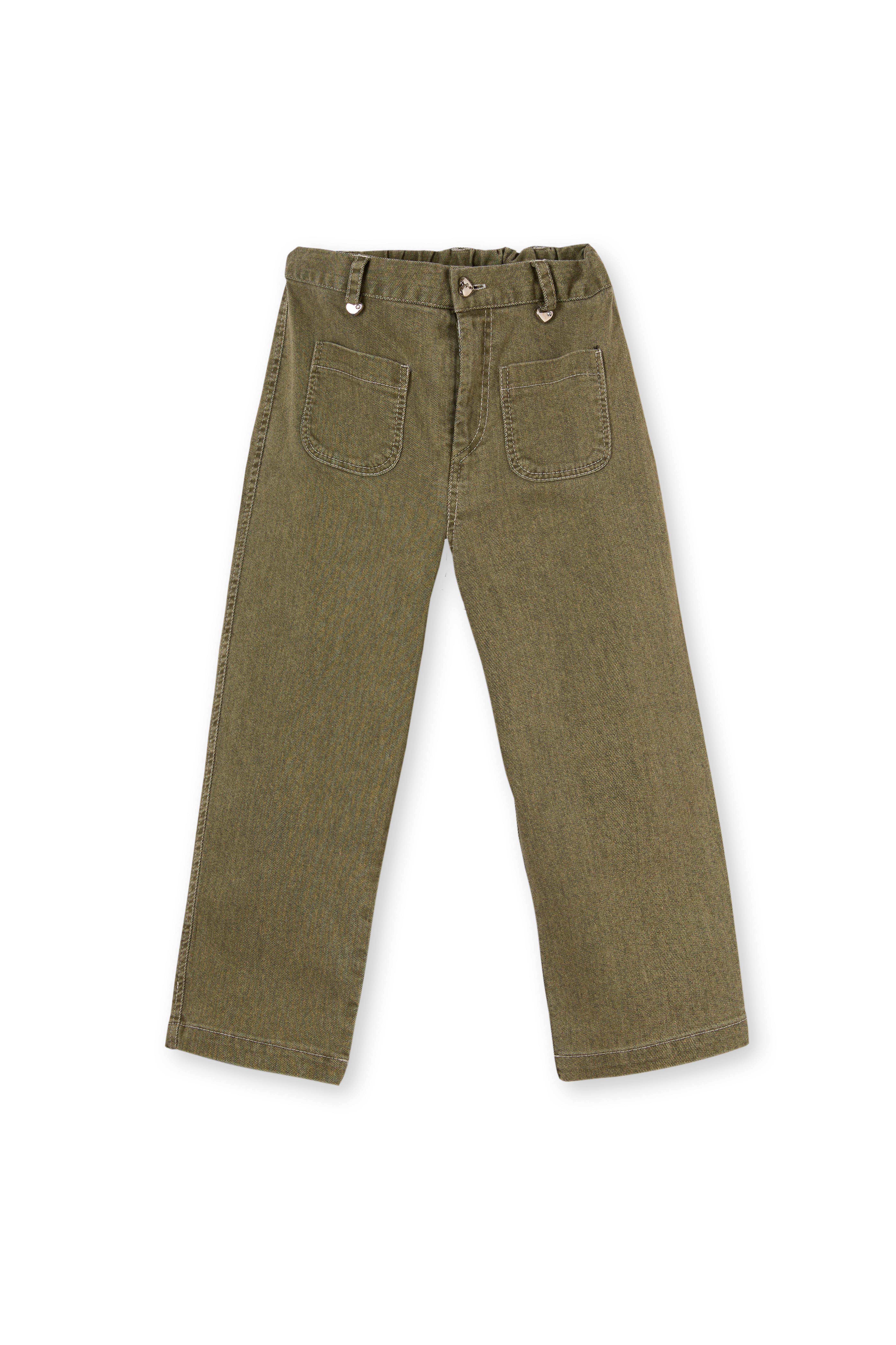 Yeşil Denim Cepli Beli Lastikli Pamuklu Kız Çocuk Pantolon