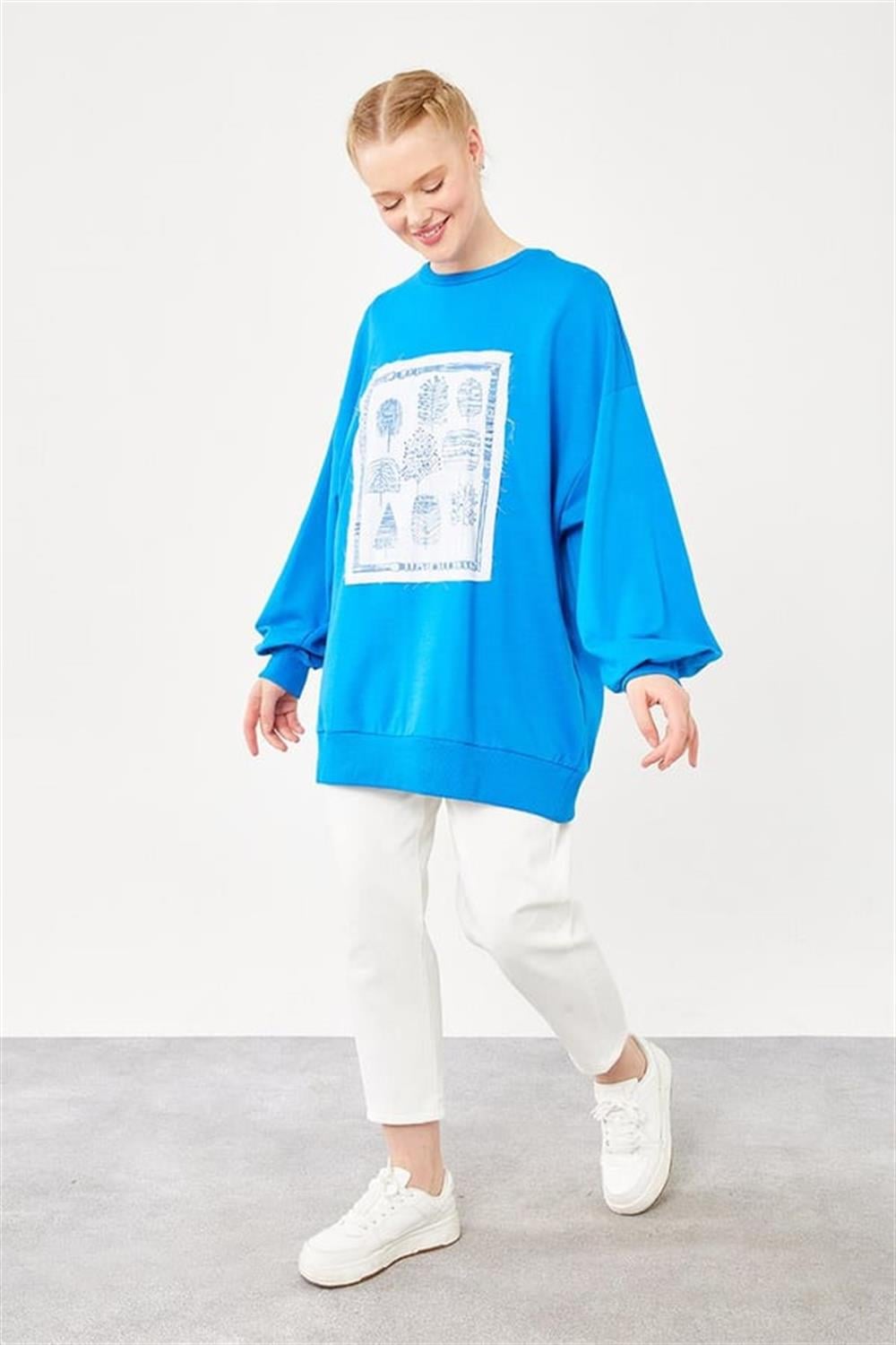 Bisiklet Yaka Baskılı Sweat - Sax