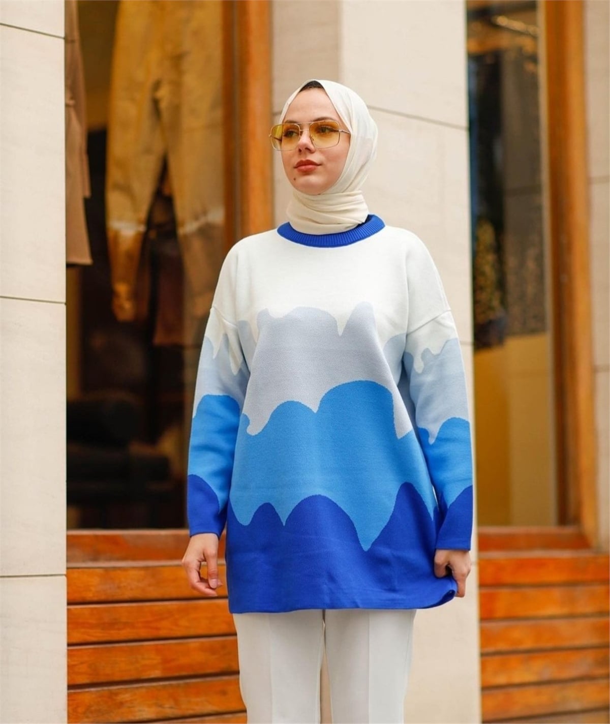 Bulut Desen Soft Triko Tunik - Mavi