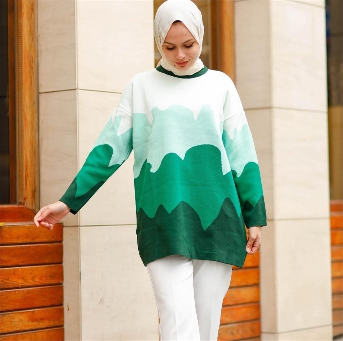Bulut Desen Soft Triko Tunik - Yeşil