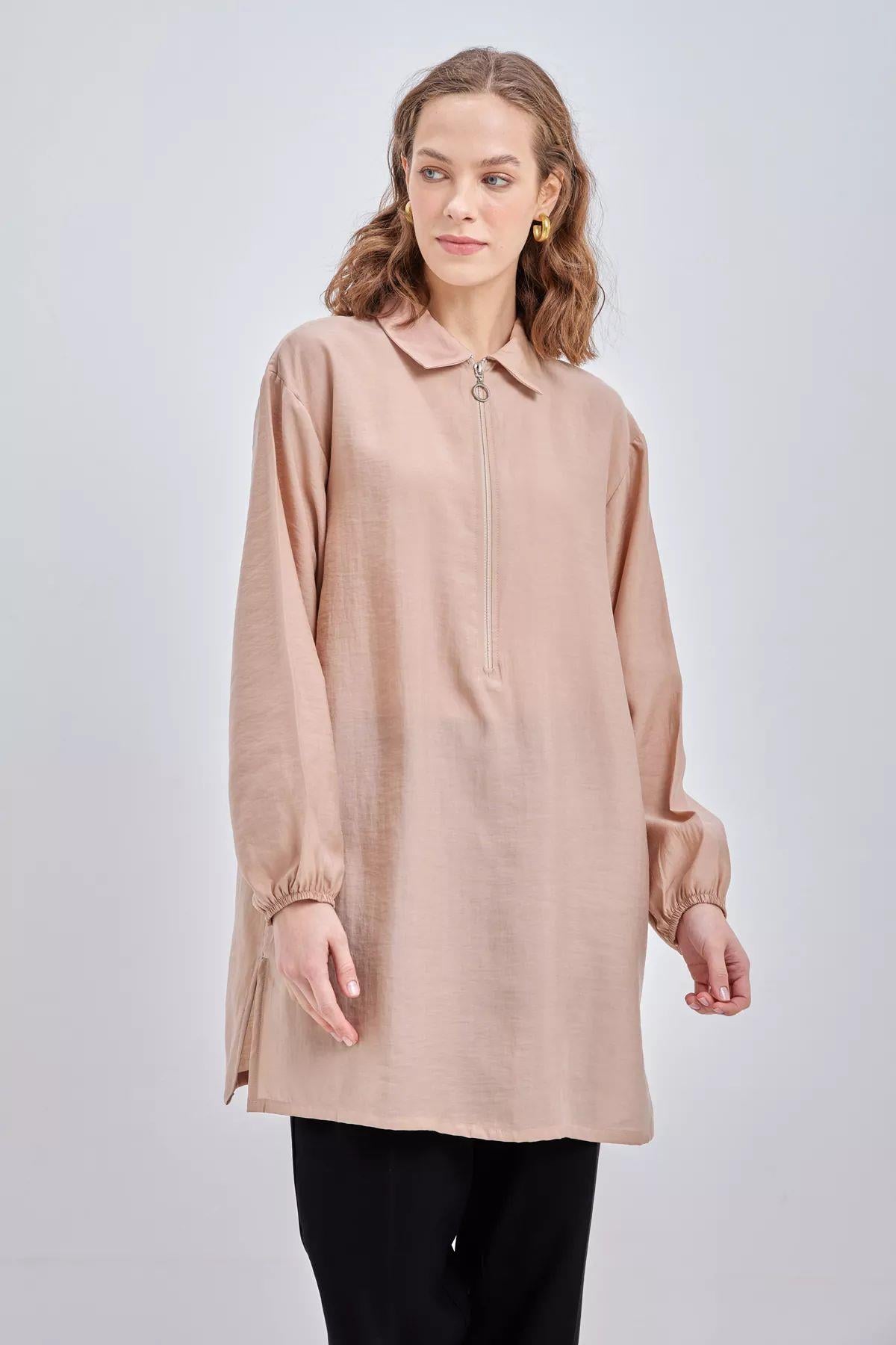 Fermuarlı Tunik - Bej