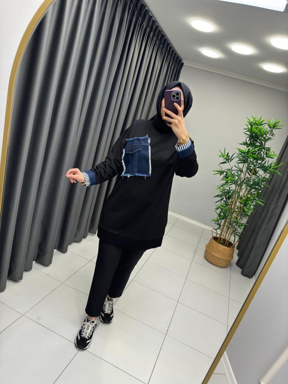 Kot Detaylı Sweat - Siyah