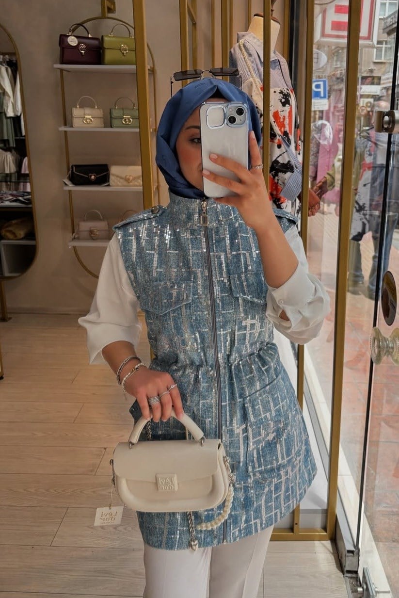 Payetli Denim Yelek - Mavi