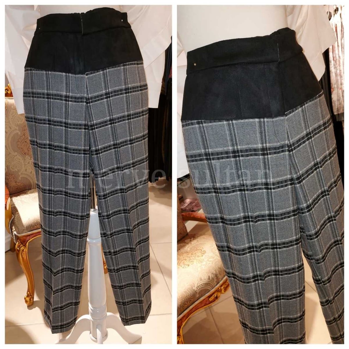 Süet Detaylı Ekose Pantolon Siyah