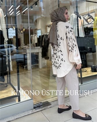 İşlemeli Tensel Kimono - Bej