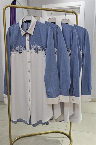 Önü Pamuk Penye Kot Gömlek Tunik- Mavi