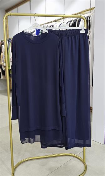 Ribanalı İpek Penye Ve Şifon Pantolon Takım