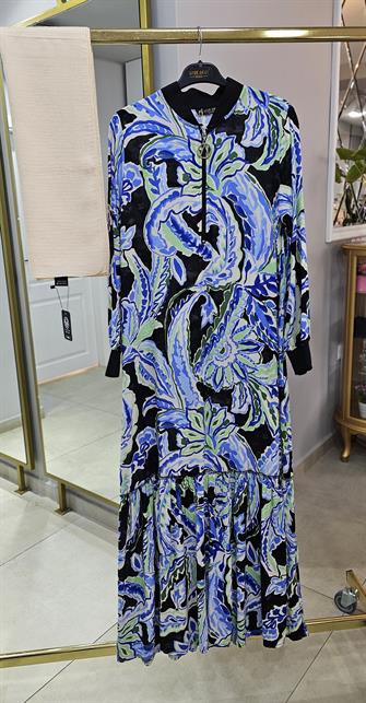 Ribanalı Pamuk Viskon Elbise - Mavi