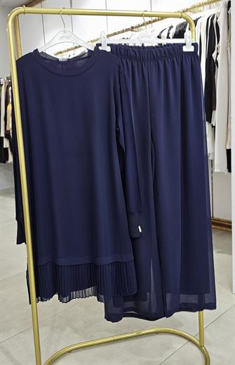 Ribanalı Piliseli İpek Penye Tunik Ve Şifon Pantolon Takım