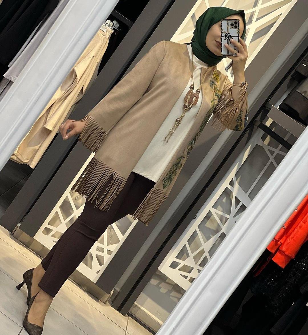 Baskılı Süet Ceket - Camel