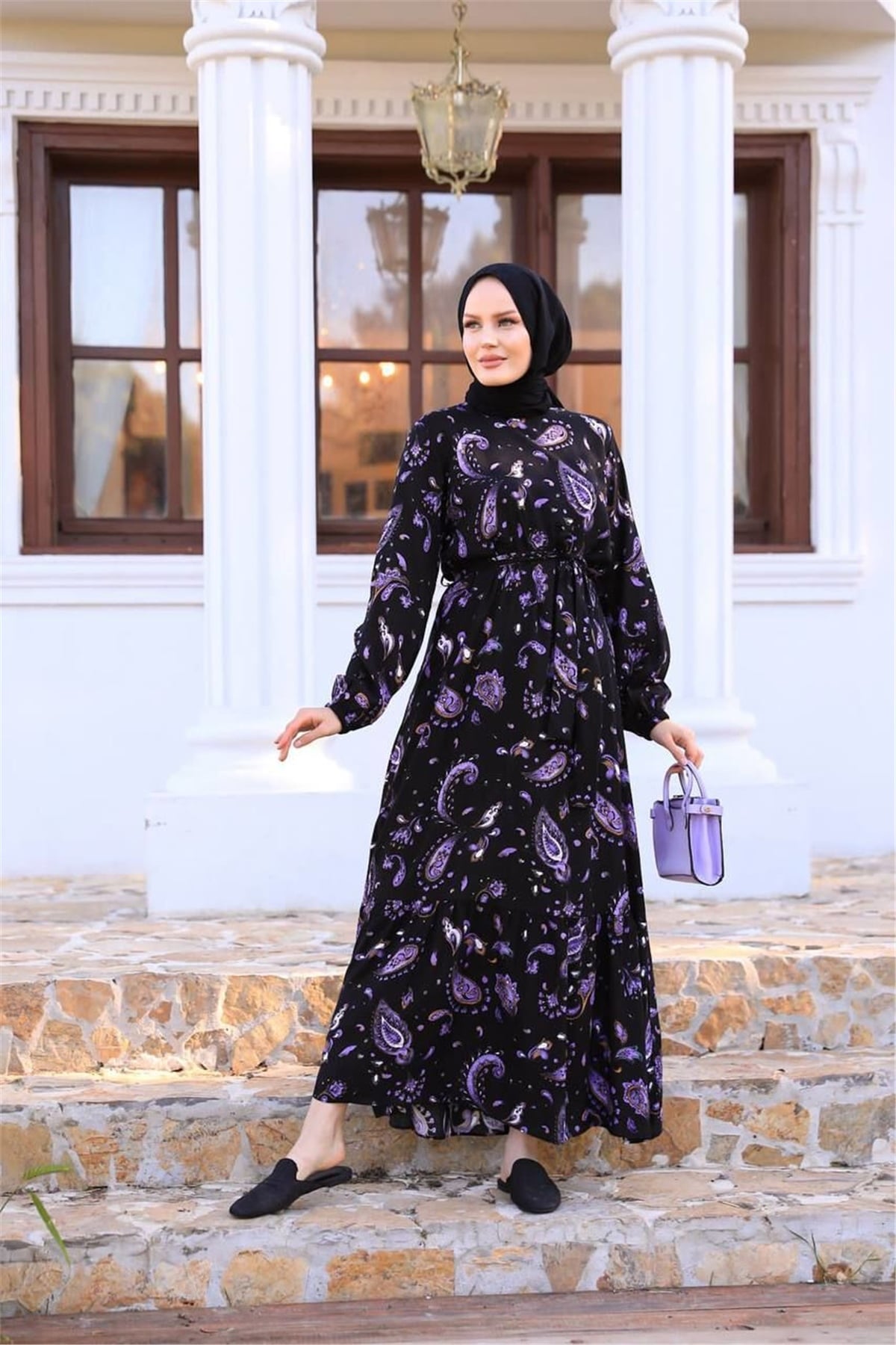Desenli Pamuk Viskon Elbise - Siyah
