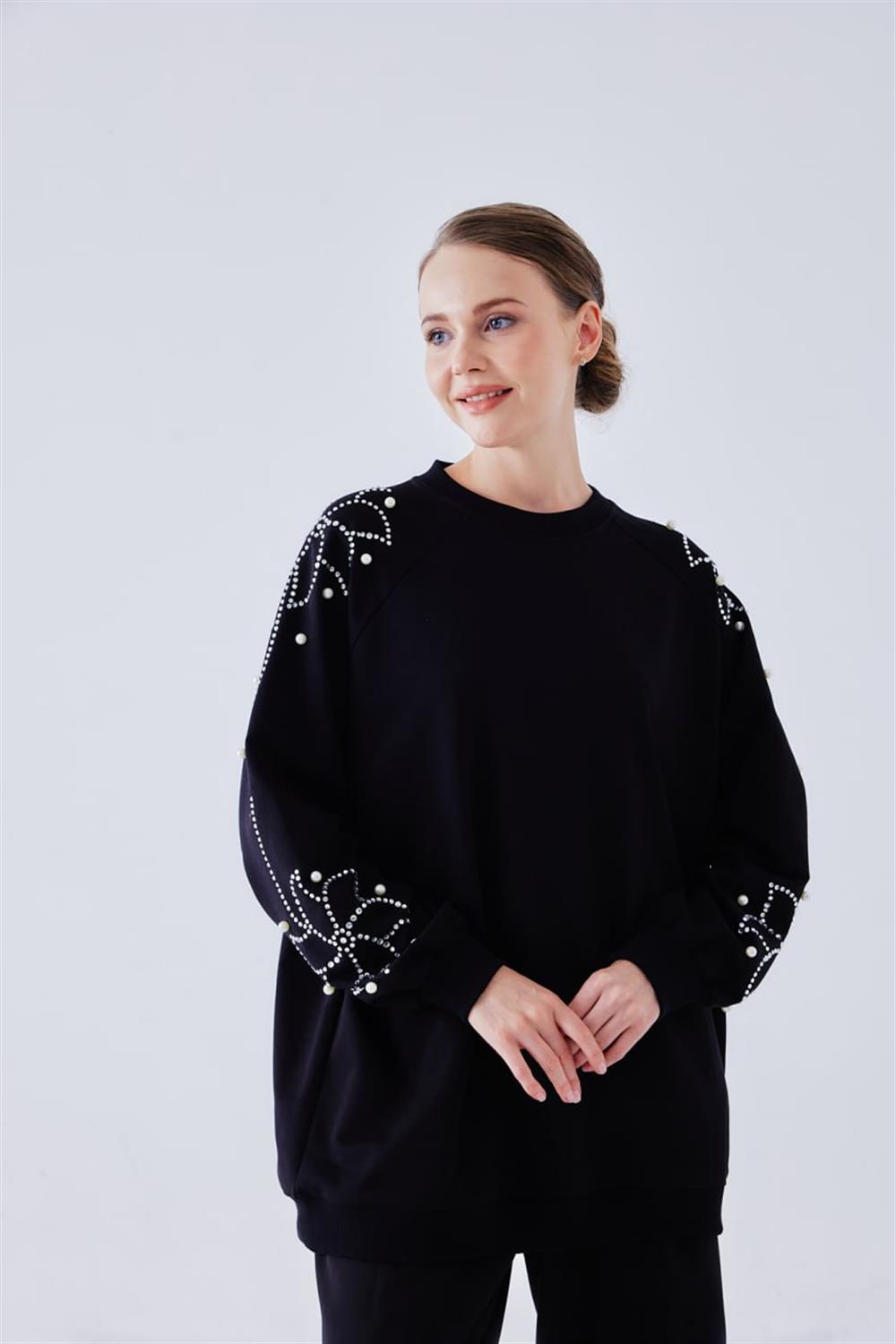 İnci Ve Taş İşlemeli Sweat - Siyah