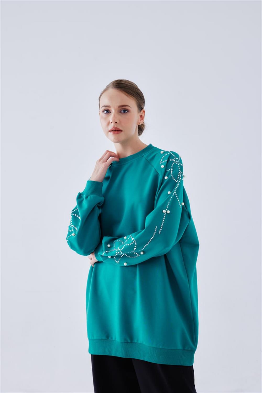 İnci Ve Taş İşlemeli Sweat - Yeşil