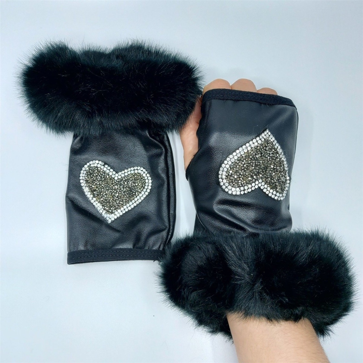 İthal Taş Detaylı Kürklü Deri Eldiven- Siyah