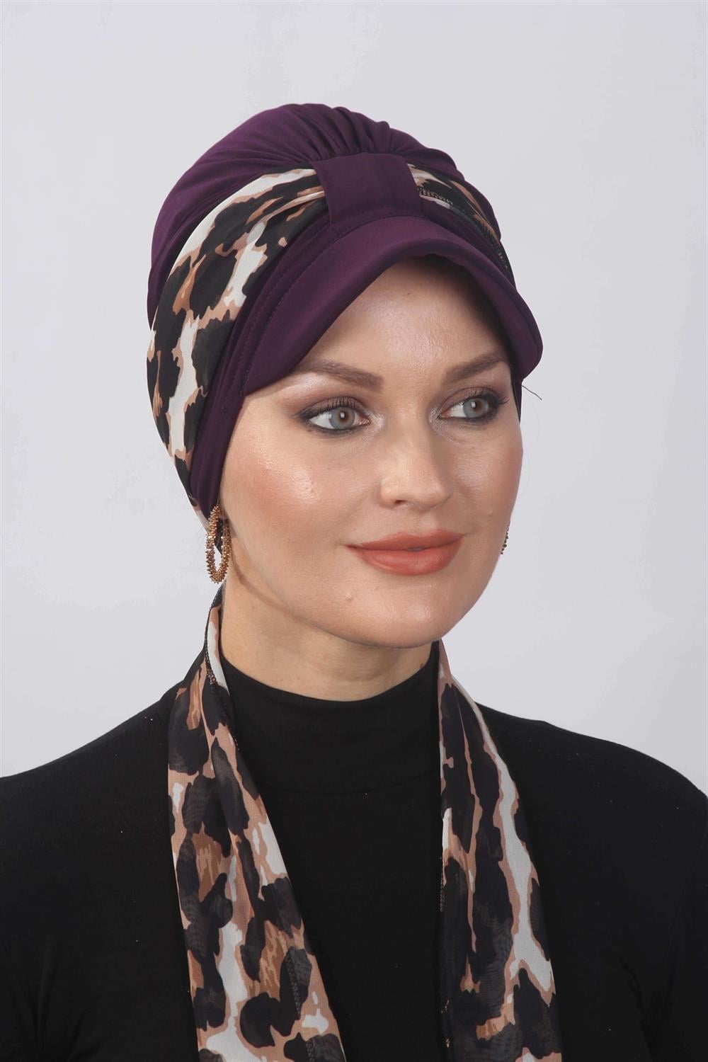 Leopar Fularlı Şapka Bone - Mürdüm