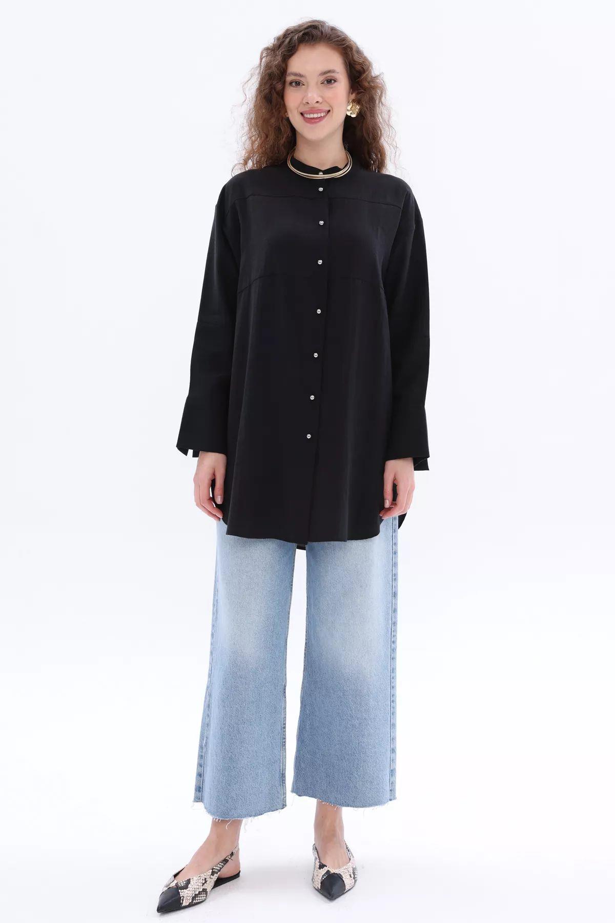 Metal Düğmeli Tunik - Siyah