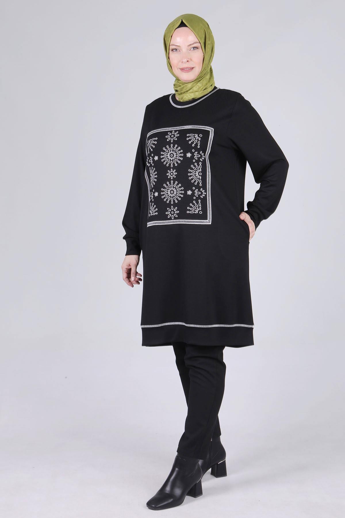 Nakış İşlemeli Spor Tunik - Siyah