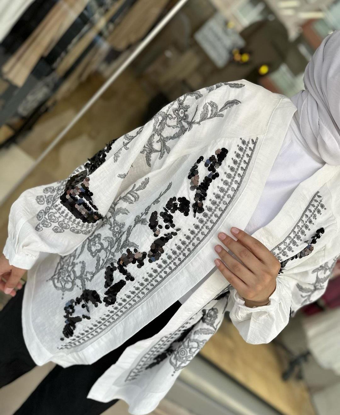 Nakışlı Keten Kimono - Beyaz