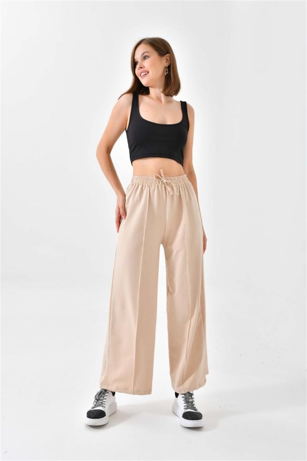 Nervürlü Spor Pantolon - Bej