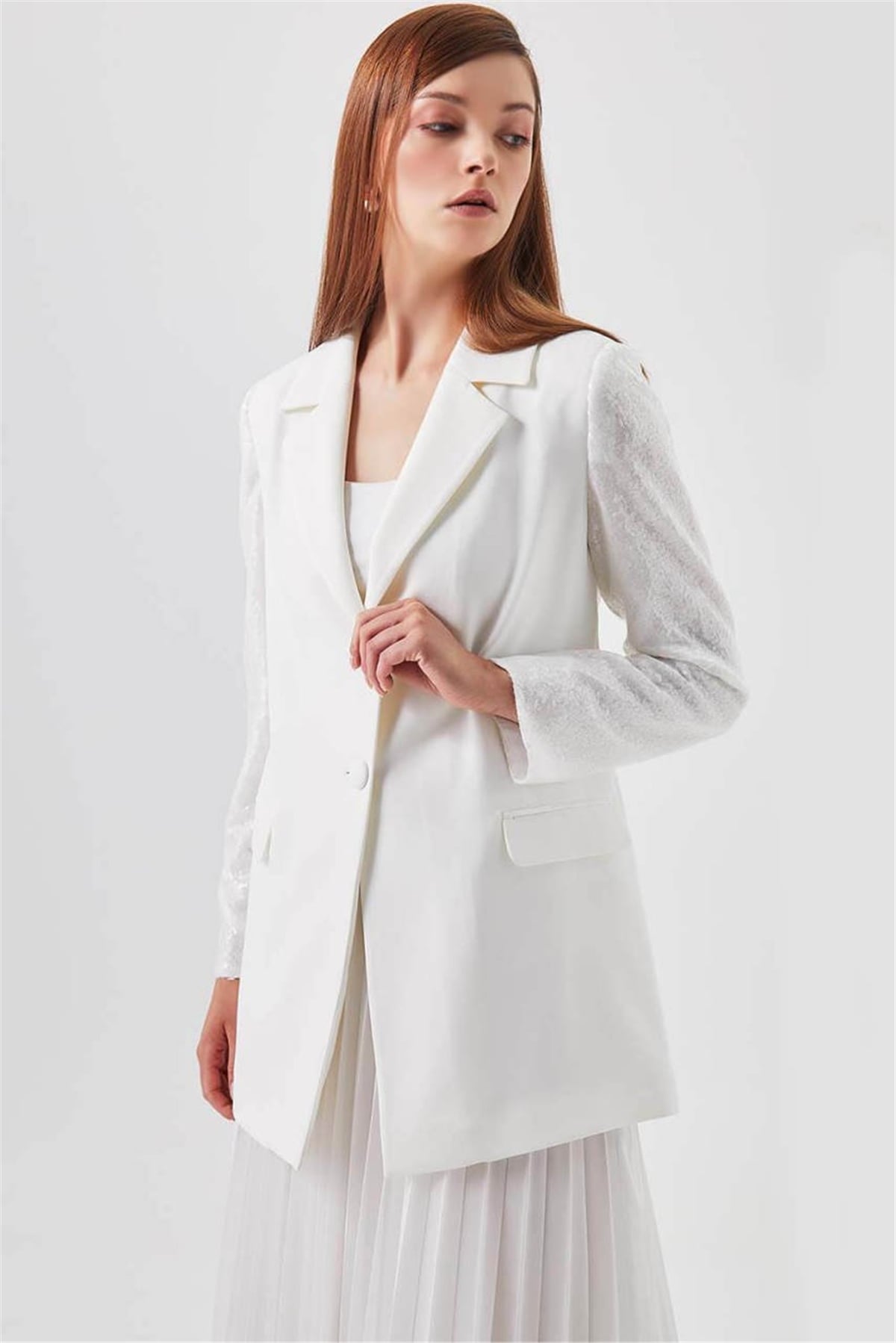 Organze Pul Kol Detaylı  Blazer Ceket - Beyaz