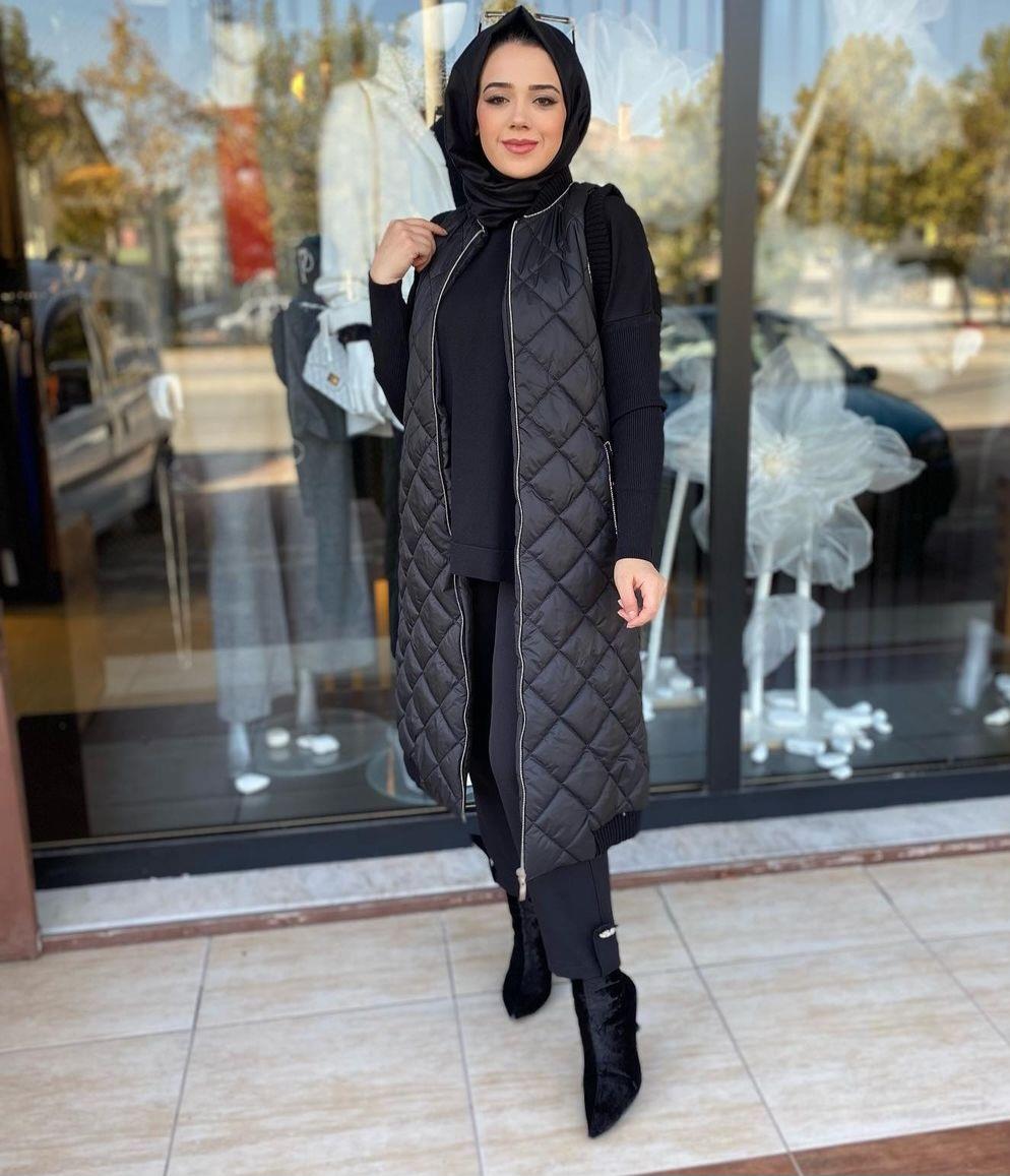 Sırma Taşlı Kapitone Yelek - Siyah