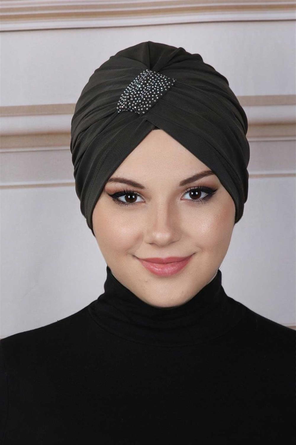 Taşlı Çapraz Bone - Haki