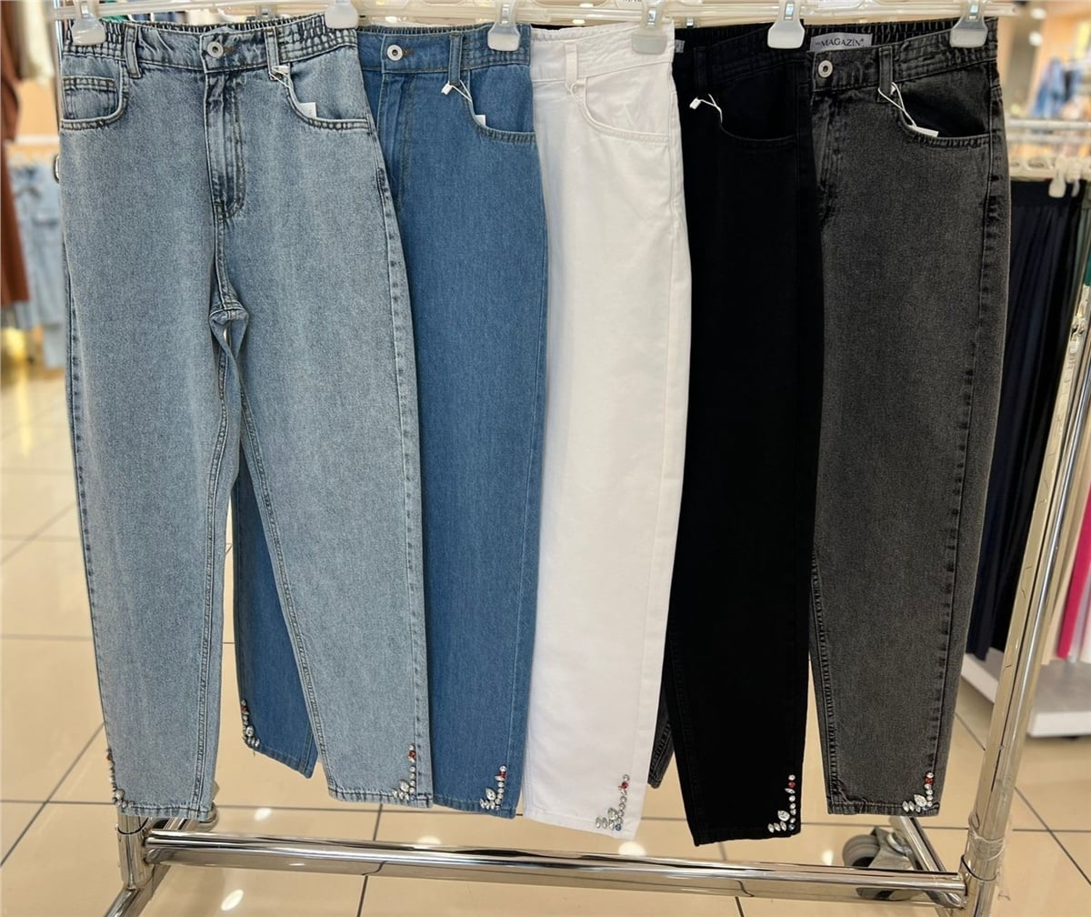 Taşlı Denim Mom Pantolon