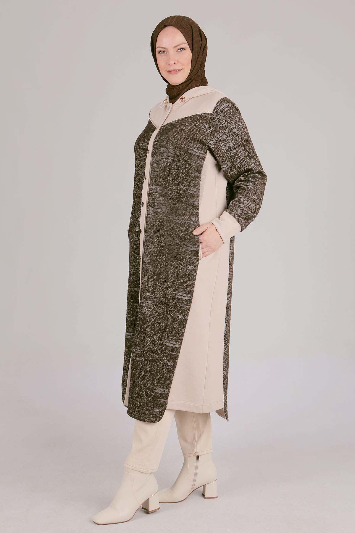 Tesettür Kapüşonlu Kap - Taş