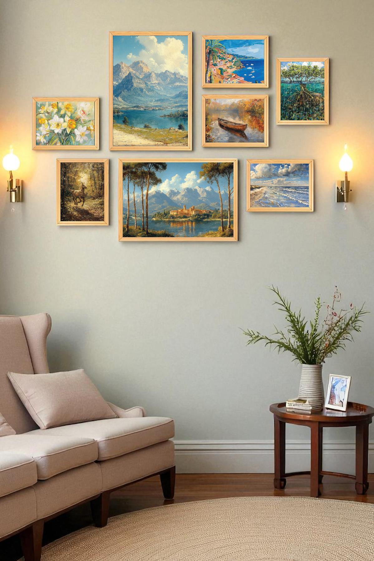 8'li Ahşap Çerçeveli Tablo Seti – Çiçek Temalı – 35x50 ve 20x30 cm – PVC Korumalı Dekoratif Duvar Tablosu-Çiçek