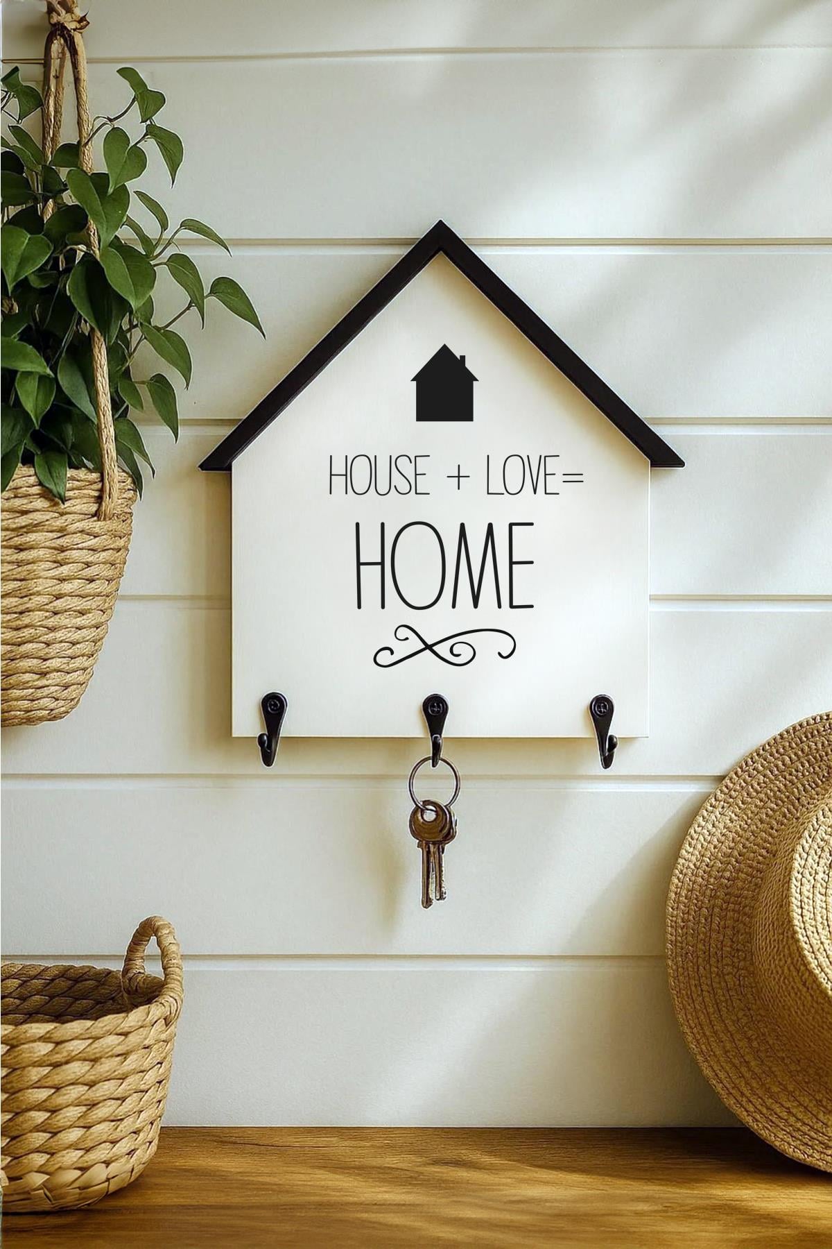 Dekoratif Ahşap Anahtarlık Askılık 25x24 cm – MDF 3 Katlı Duvar Tipi Metal Kancalı, House Love Tasarım