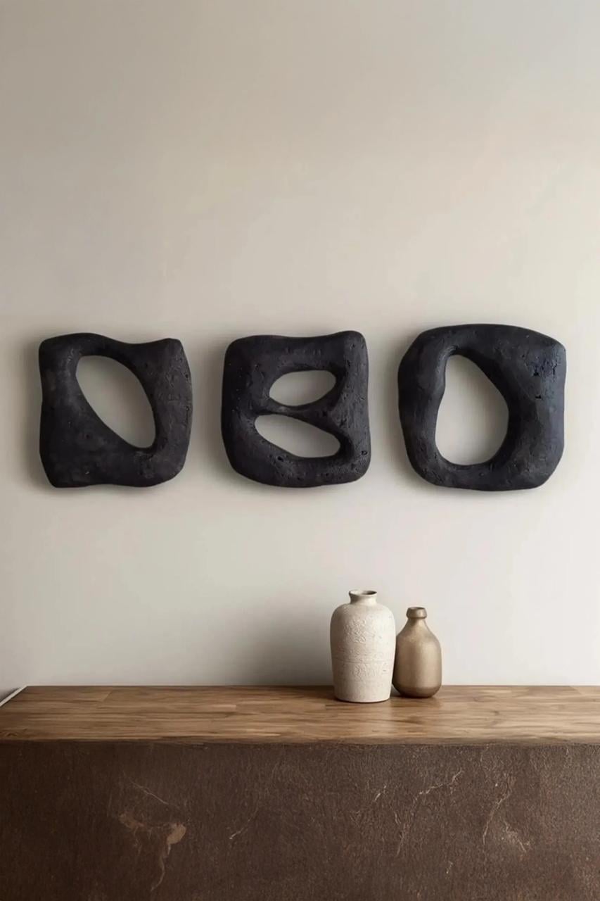 Modern Soyut Duvar Dekoru –  Wabi Sabi Minimal Tasarım, Siyah Dekoratif Duvar Objesi, 3'lü Set-Truzzo Antrasit