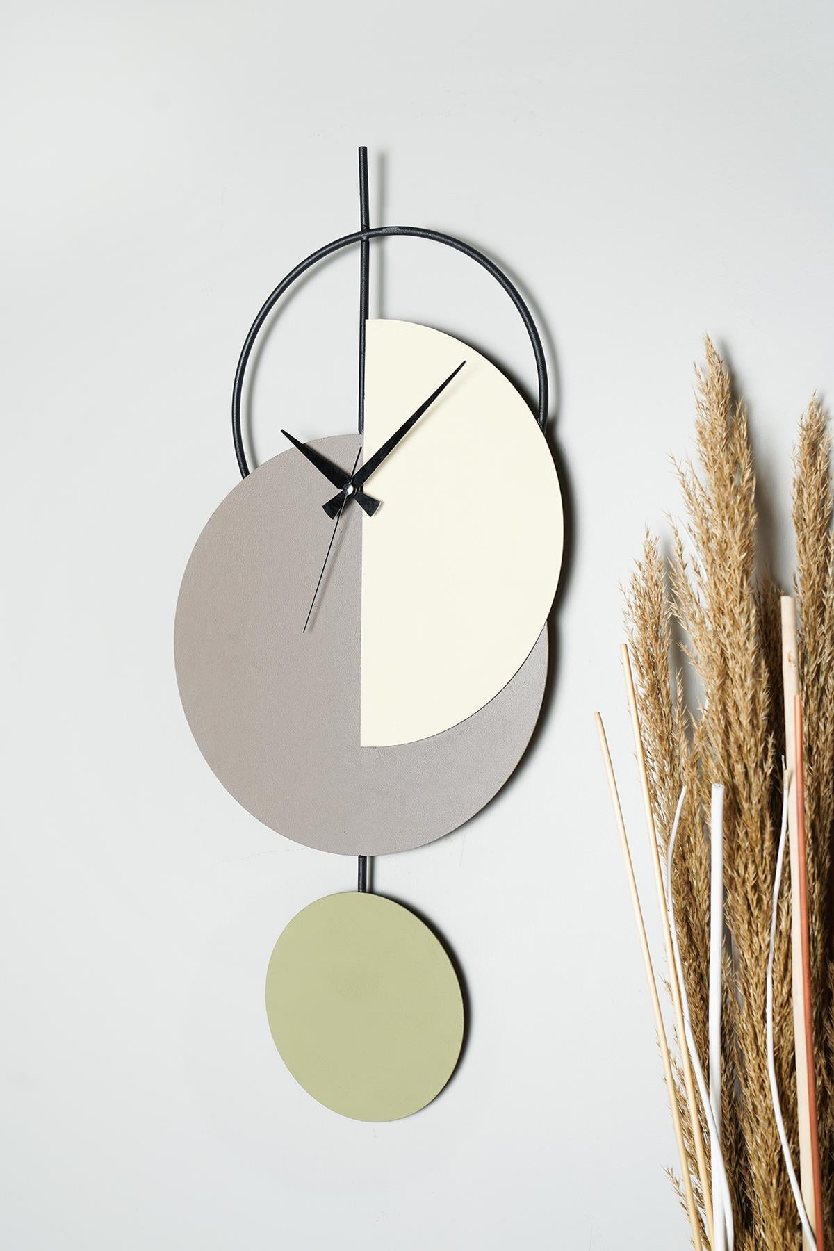 MUYİKA Madeco Metal 68-31cm Dekoratif Duvar Saati (Gri-Yeşil-Krem) MDS-50