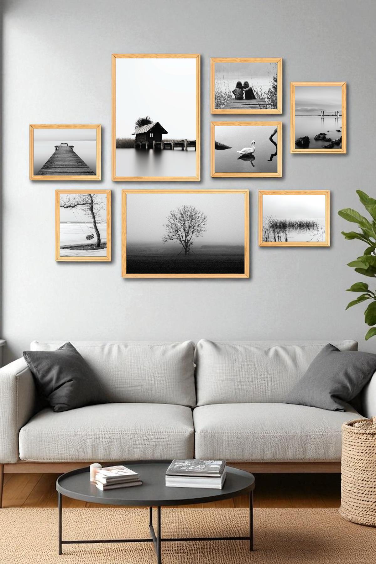 Siyah Beyaz Anlar Temalı 8'li Ahşap Çerçeveli Tablo Seti – Modern Minimal Duvar Dekoru -Siyah Beyaz