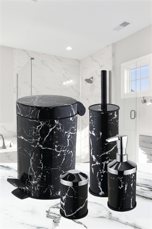 MUYİKA 4 Parça Siyah Mermer Desenli Banyo Seti Çöp Kovası Tuvalet Fırçası Sabunluk Diş Fırçalık BNYST-03