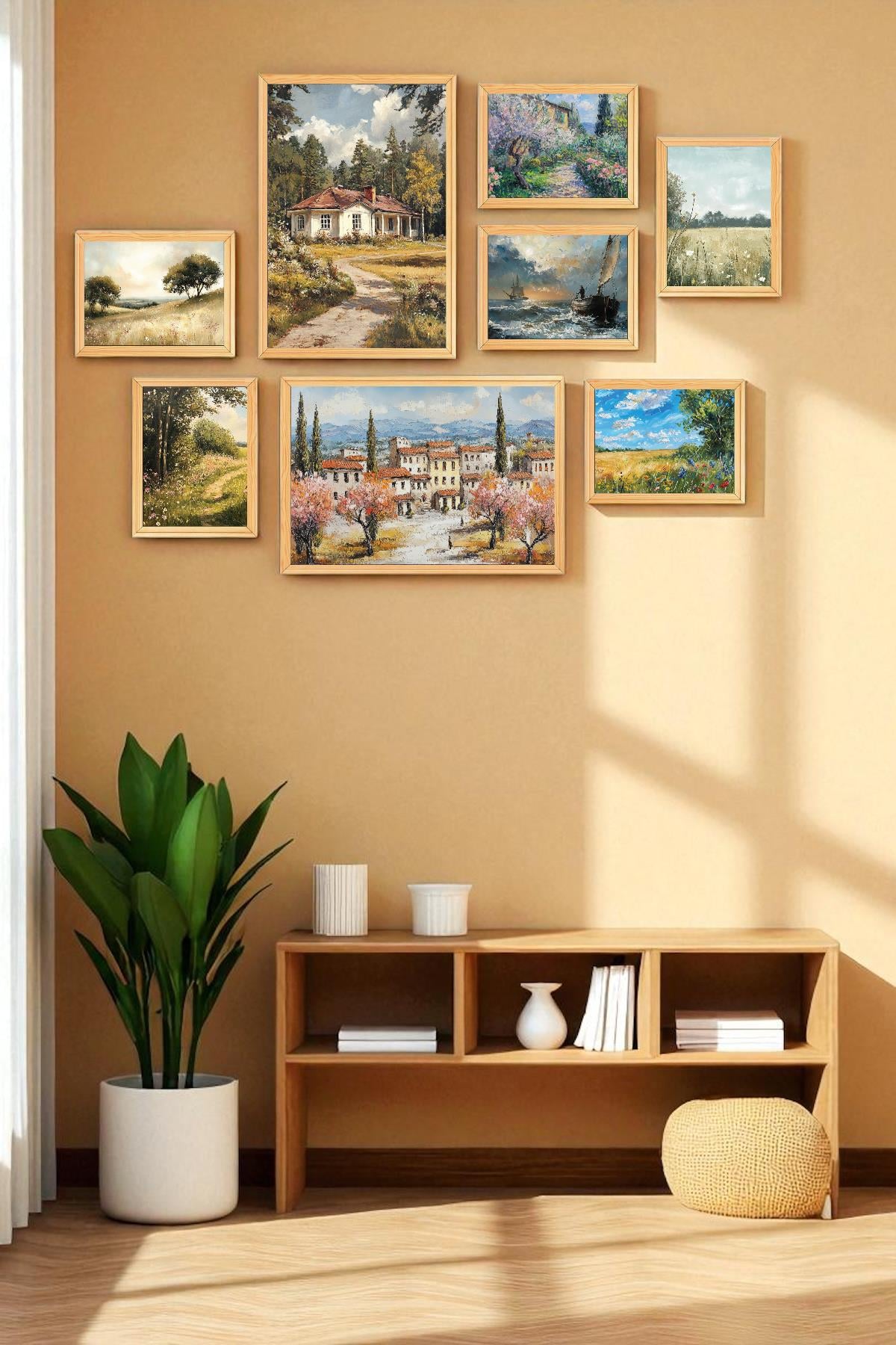 8'li Ahşap Çerçeveli Tablo Seti – Çiçek Temalı – 35x50 ve 20x30 cm – PVC Korumalı Dekoratif Duvar Tablosu-Çiçek