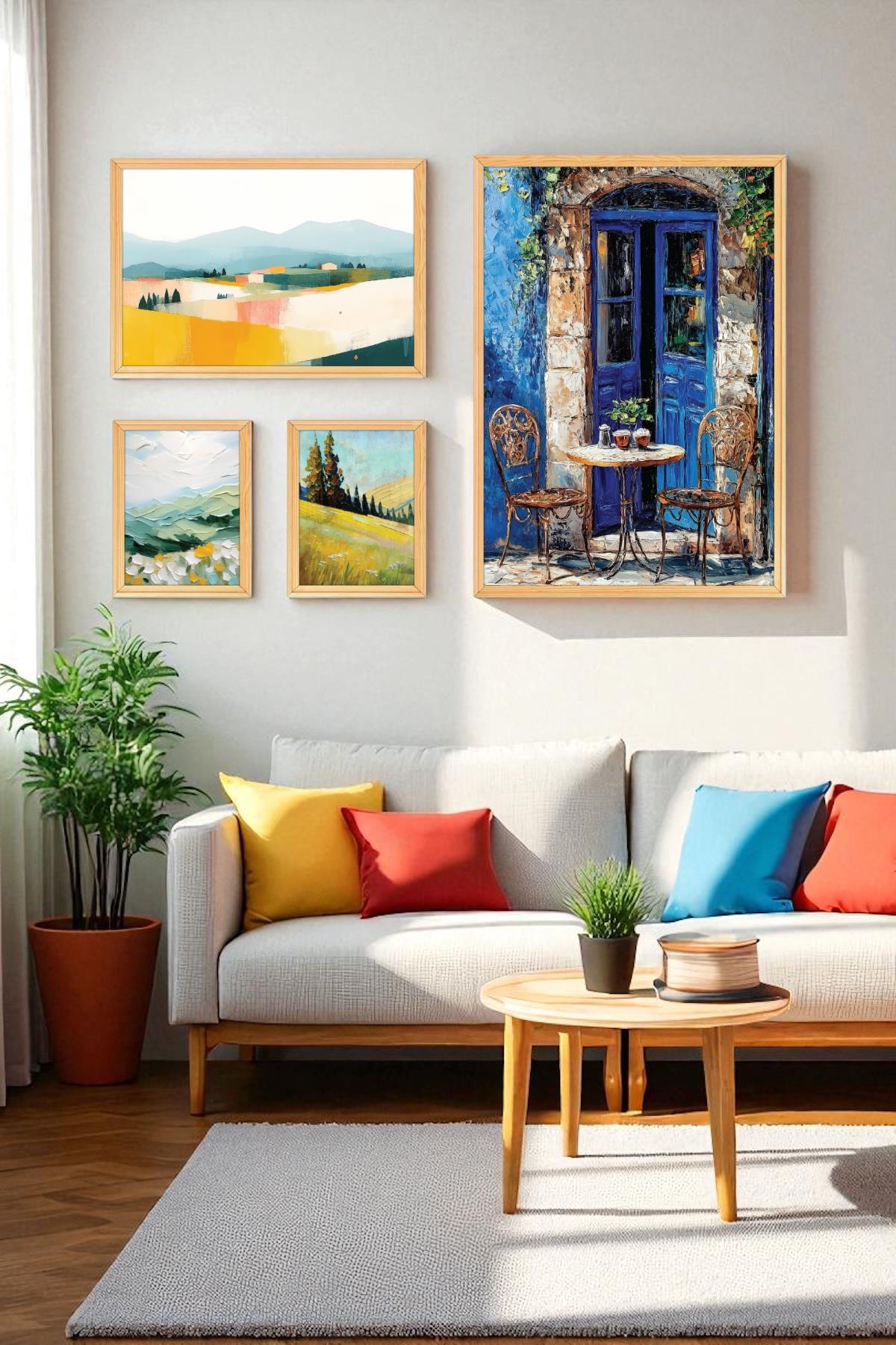 Akdeniz Temalı Ahşap Çerçeveli 4'lü Tablo Seti – PVC Korumalı Dijital Baskı, 50x70cm-Akdeniz