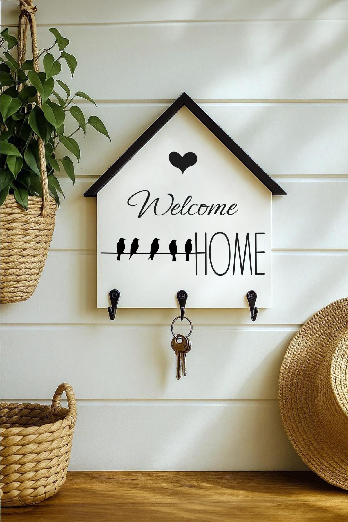 Dekoratif Ahşap Anahtarlık Askılık 25x24 cm – MDF 3 Katlı Duvar Tipi Metal Kancalı, Wellcome Home Tasarım