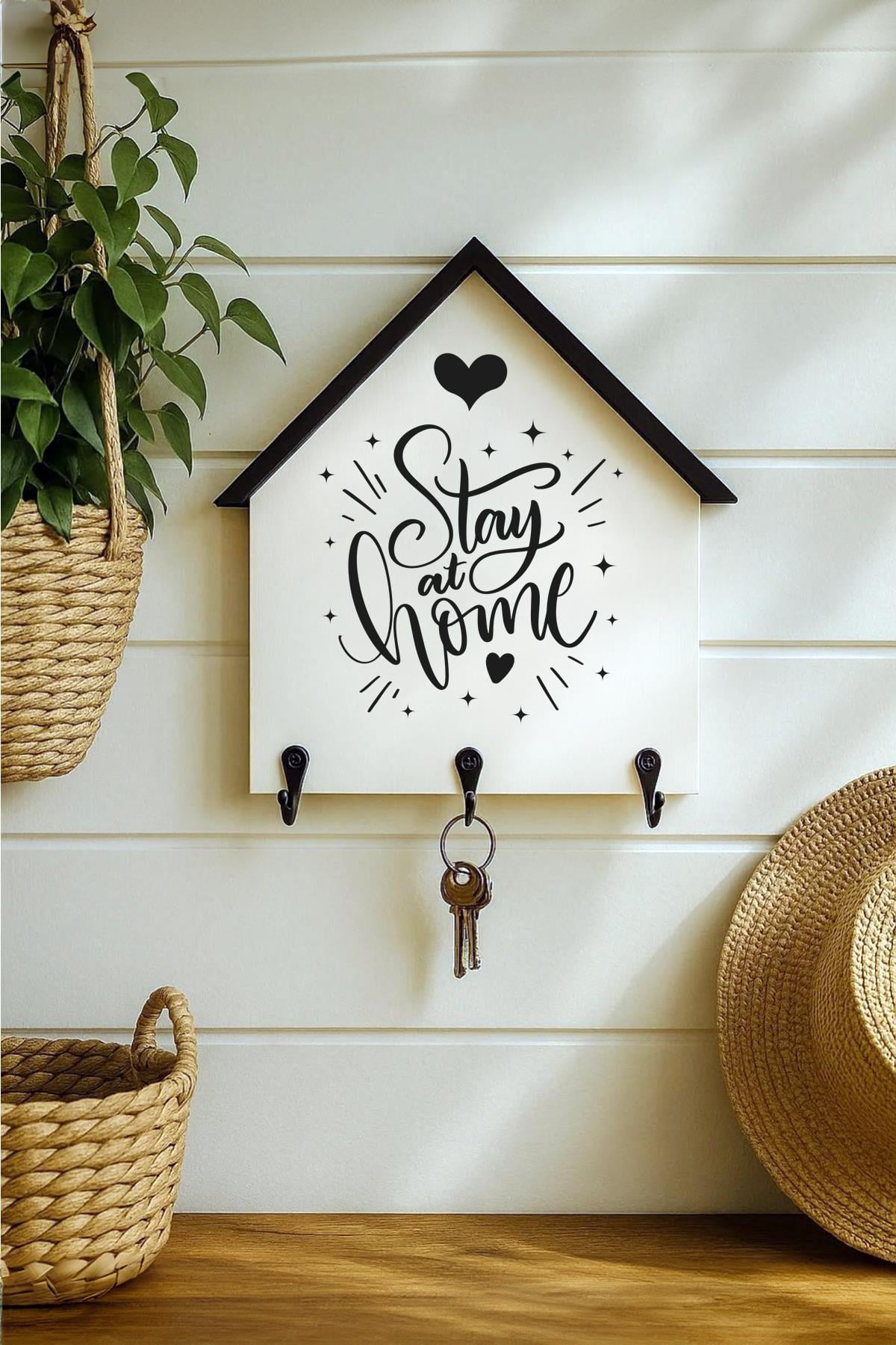 Dekoratif Ahşap Anahtarlık Askılık 25x24 cm – MDF 3 Katlı Duvar Tipi Metal Kancalı, Stay At Home Tasarım